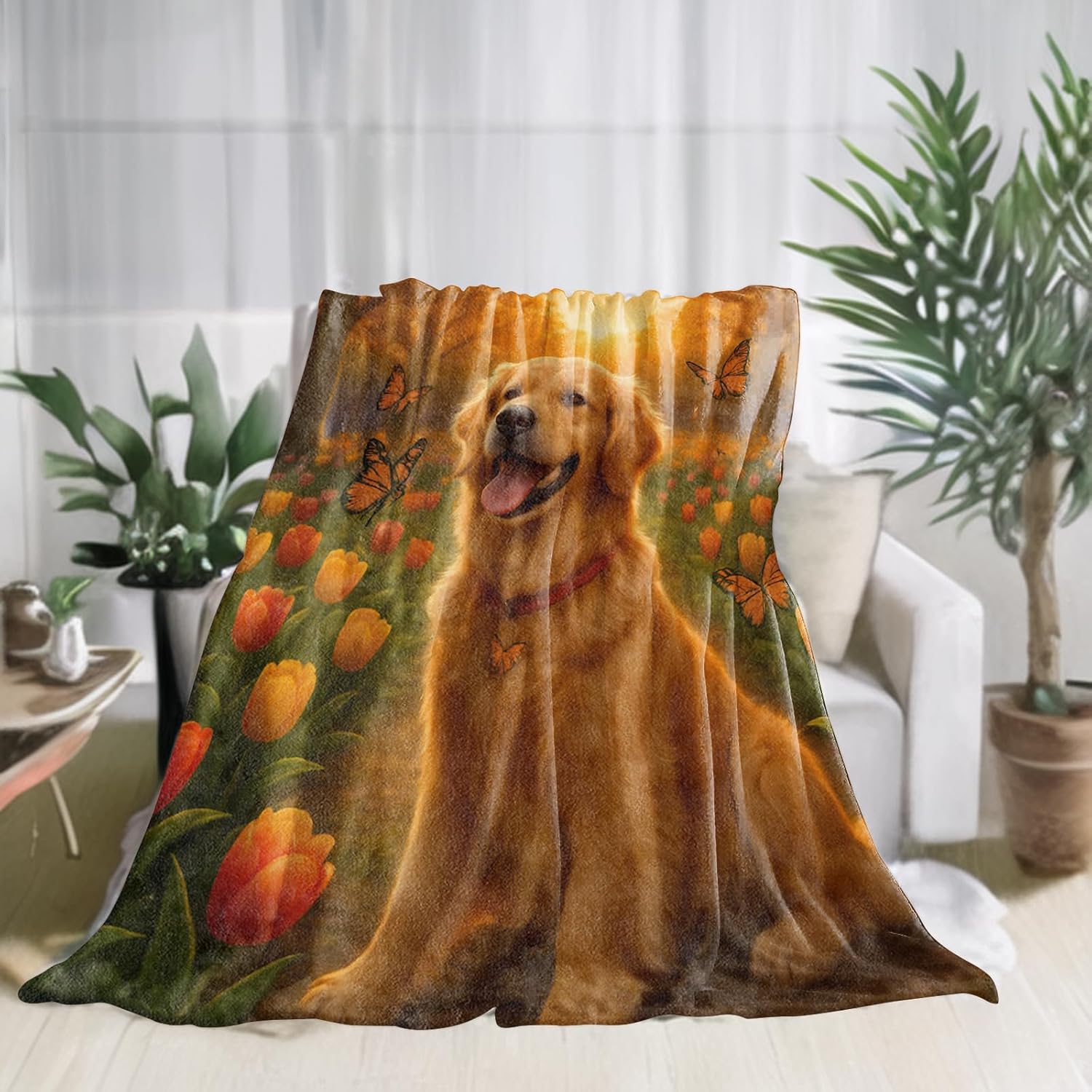 Cute Golden Retriever Flannel Blanket, Dog with Butterfly Tulip Floral Throw Blankets Lightweight Soft Cozy for Bed Sofa Camping Travel, Home Decor, Gifts for Women Girls Puppy Lovers, 50x60in - Image 2