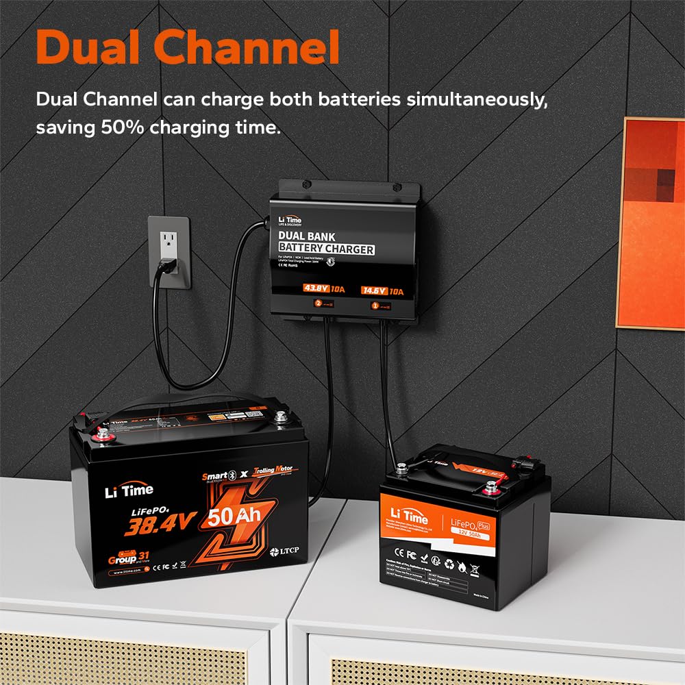 LiTime 2-Bank(43.8V 10A & 14.6V 10A) Lithium Battery Charger for 36V(38.4V)/12V(12.8V) LiFePO4 Battery, AC-DC Smart Charger with IP65 Waterproof, LED Indicator for Boat, Golf Cart, RV and Home