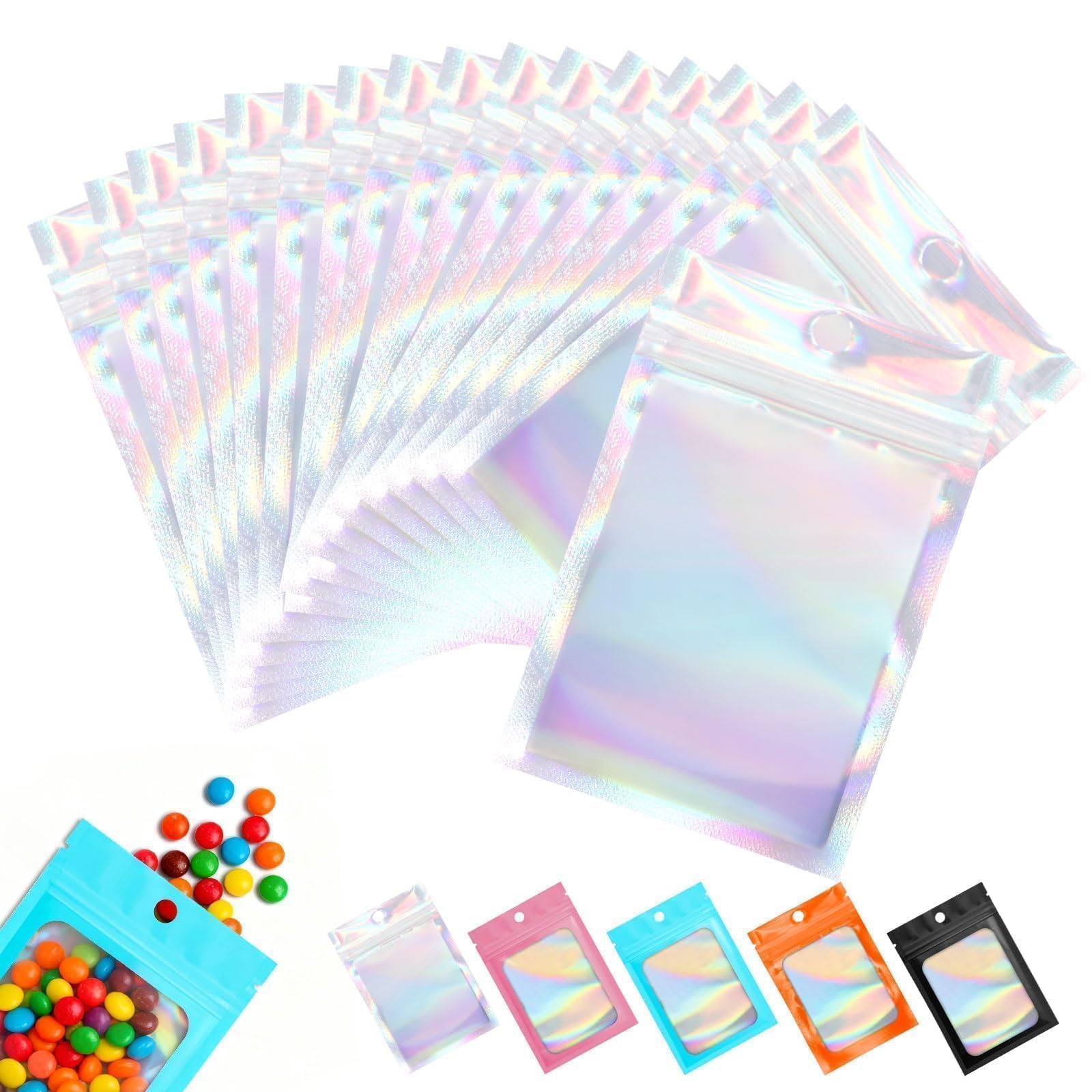 Mylar Bags 4.7×7.9 Inch Holographic Bags Resealable Sealable — Small Ziplock Bags for Food Candy Jewelry Party Gifts 60 Pcs Silver