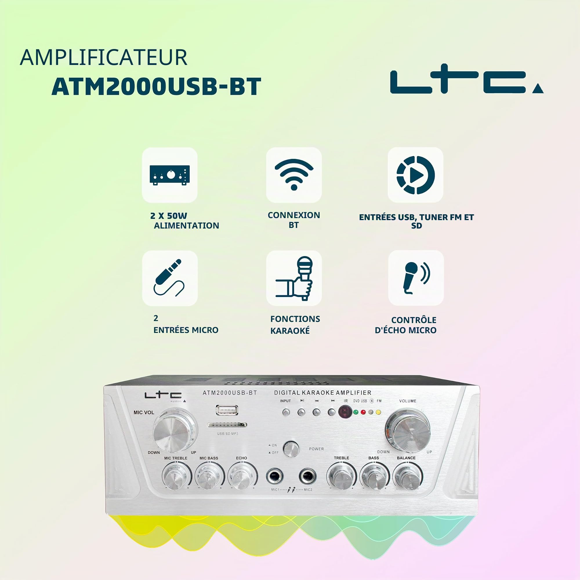 LTC - ATM2000USB-BT - Amplificateur stéréo de 2 x 50 W - USB, SD et Bluetooth - Silver