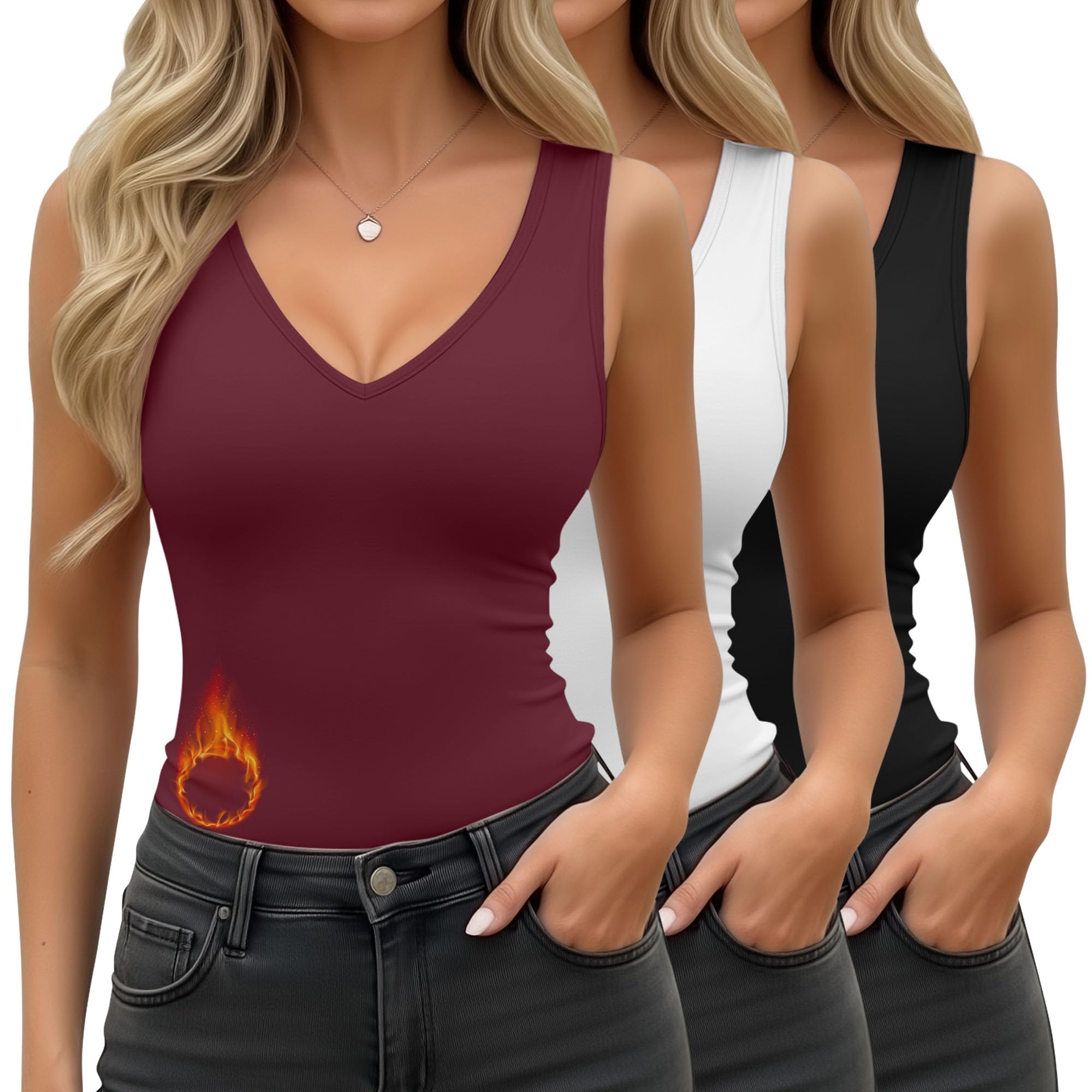 3 Pcs Women's Thermal Tank Tops Fleece Lined Sleeveless Underwear Vest Reversible U/v Neck Warm Base Layer Camisole