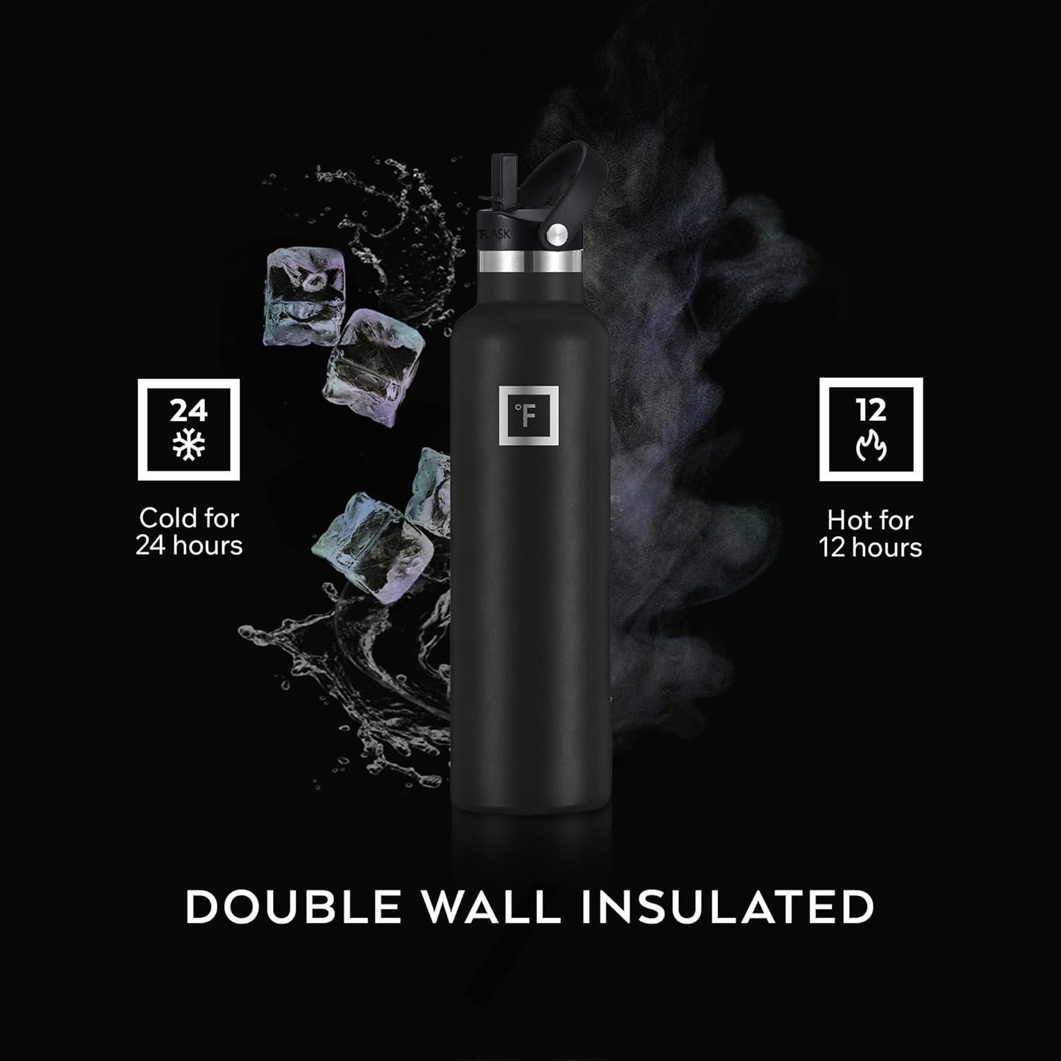 IRON °FLASK Camping & Hiking Hydration Flask with Straw, BPA-Free Insulated Stainless Steel Sports Water Bottle - 24 oz Midnight Black - Image 3