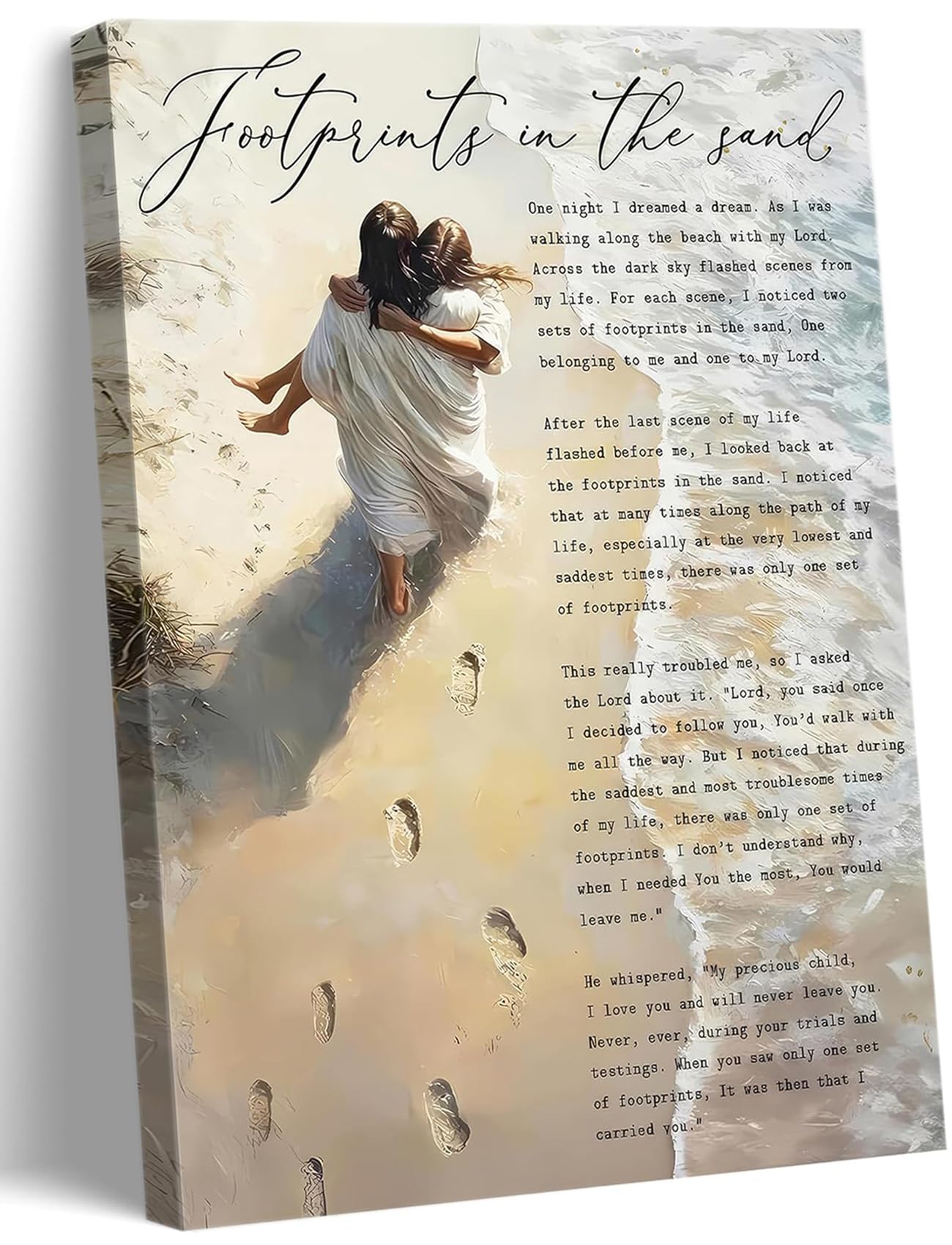 Footprints in the Sand Canvas Wall Art Chrisitan Inspirational Painting Picture Jesus Hugging Woman on Beach Poster Prints for Christian Women Living Room Bedroom Wall Decor 12x16in Framed โ image 1