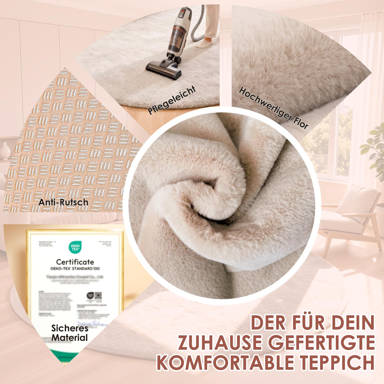 Teppich rund 90 cm Beige, Kunstfell, flauschig, waschbar | maschinenwaschbar, Kaninchenfell-Optik, ultraweicher Flor, rutschfeste Rückseite, OEKO-TEX, für Schlafzimmer und Wohnzimmer