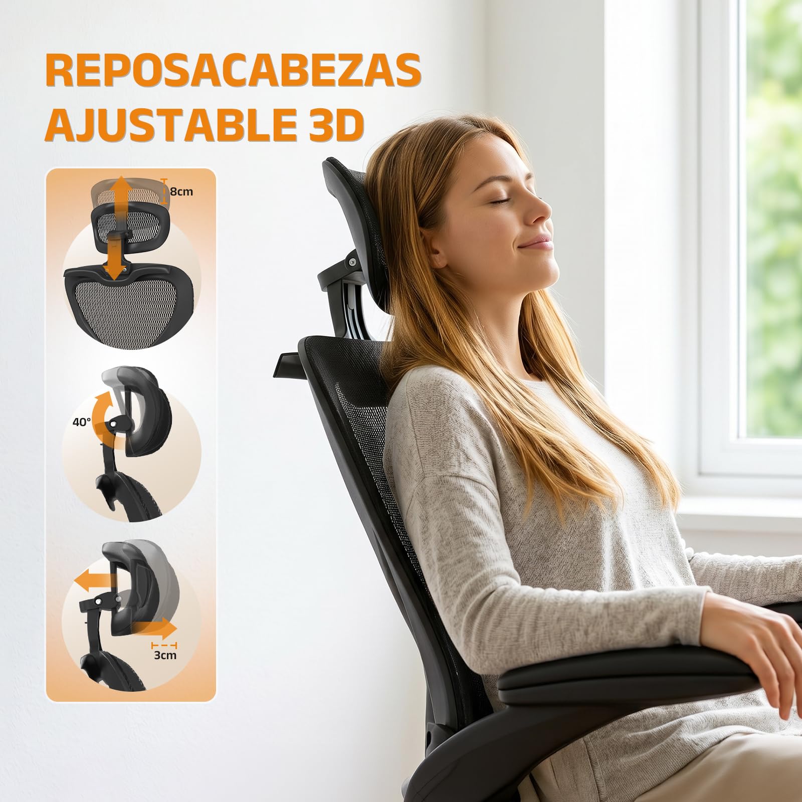 naspaluro Silla Ergonomica Escritorio Gaming, Silla de Oficina Negra, 150kg | Reposacabezas 3D, soporte lumbar 2D, reposabrazos abatibles, Tejido de malla resistente y duradero, base de hierro robusta