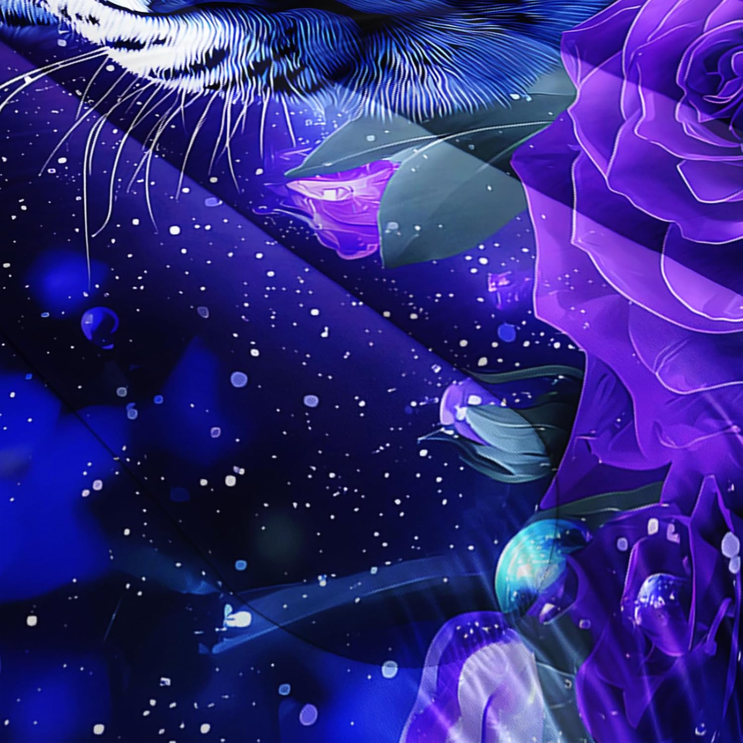AILONEN Queen Size Snow Leopard Comforter Set - Blue Eyes & Purple Rose Microfiber Bedding, Starry Night & Wild Cat Design with 2 Pillowcases for Boys Girls Room, Teenagers
