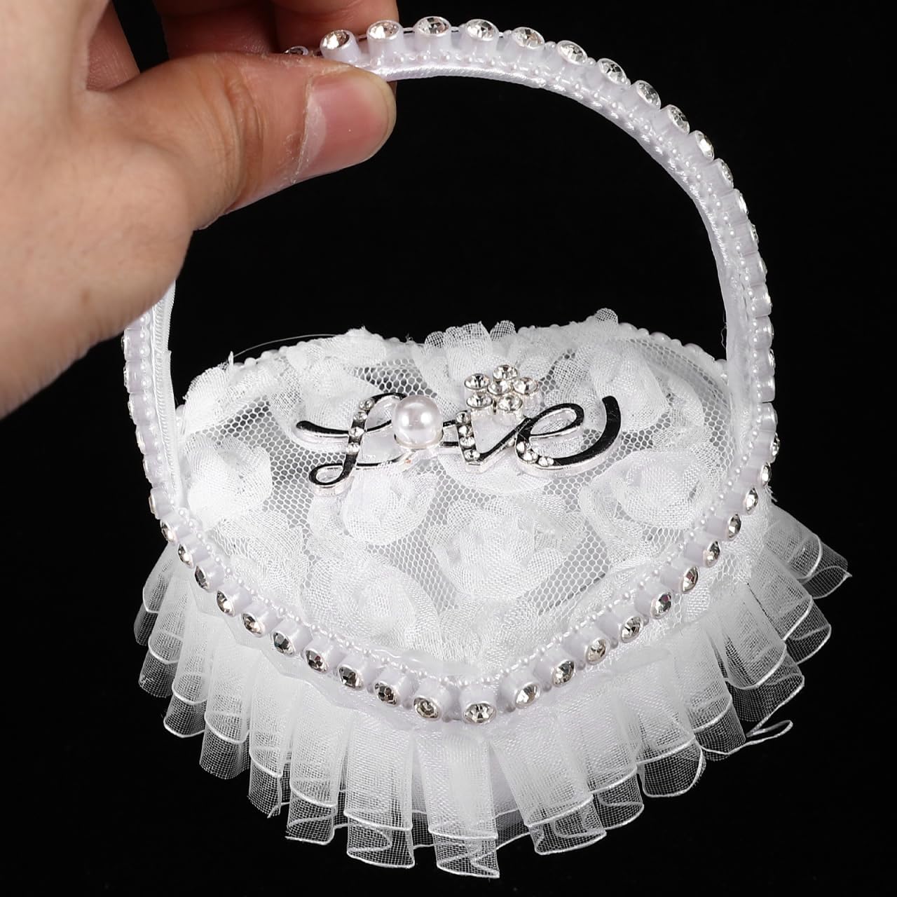 Amosfun Heart Shape Lace Ring Pillow with Handle - Engagement Ring Pillow for Wedding Ceremony - Earrings and Necklaces Small Portable Display Box