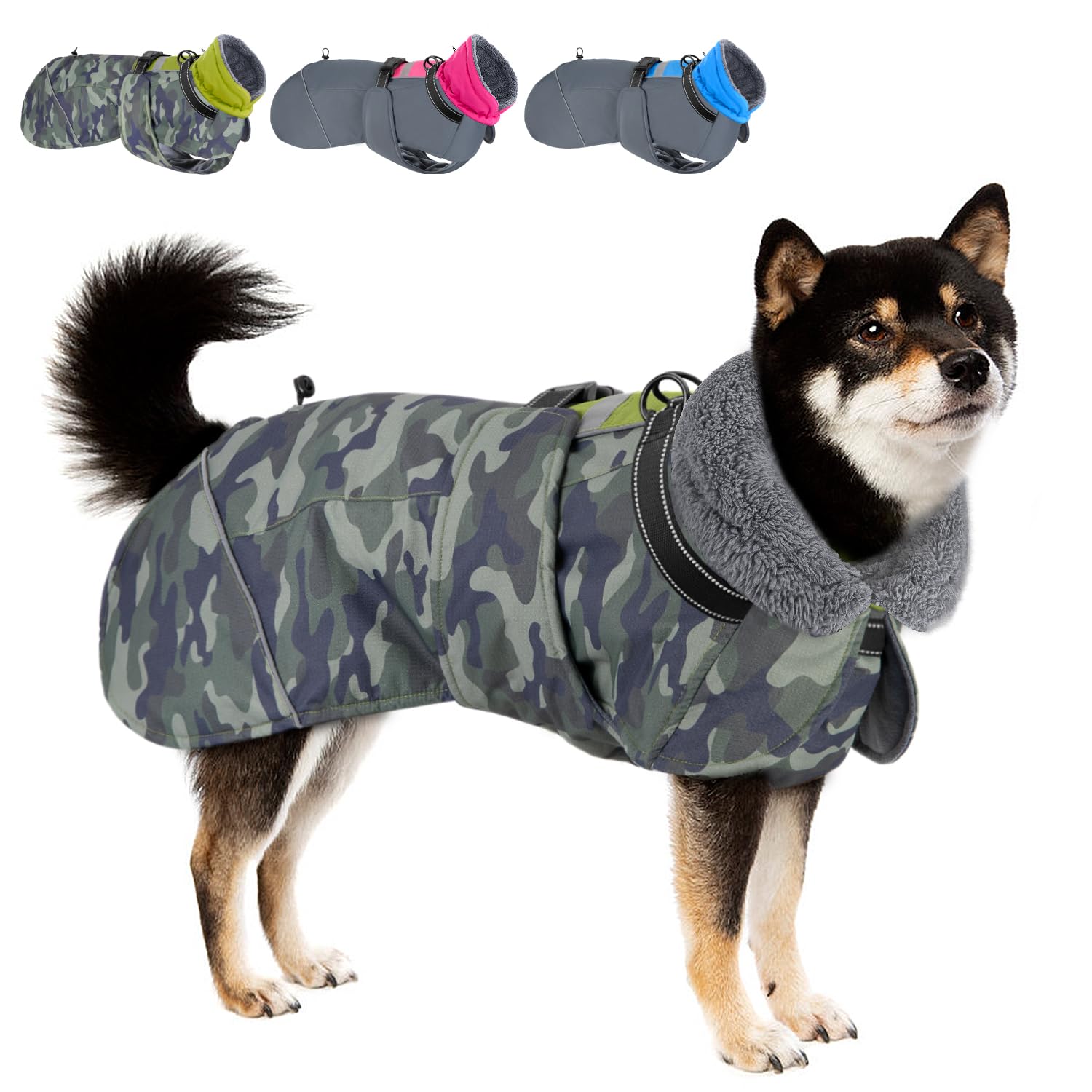 SlowTon Dog Coat - Waterproof Adjustable Fleece Dog Turtleneck Jacket with Collar and Drawstring - Reflective Winter Pet Clothes for Medium Large Dogs in Cold Weather