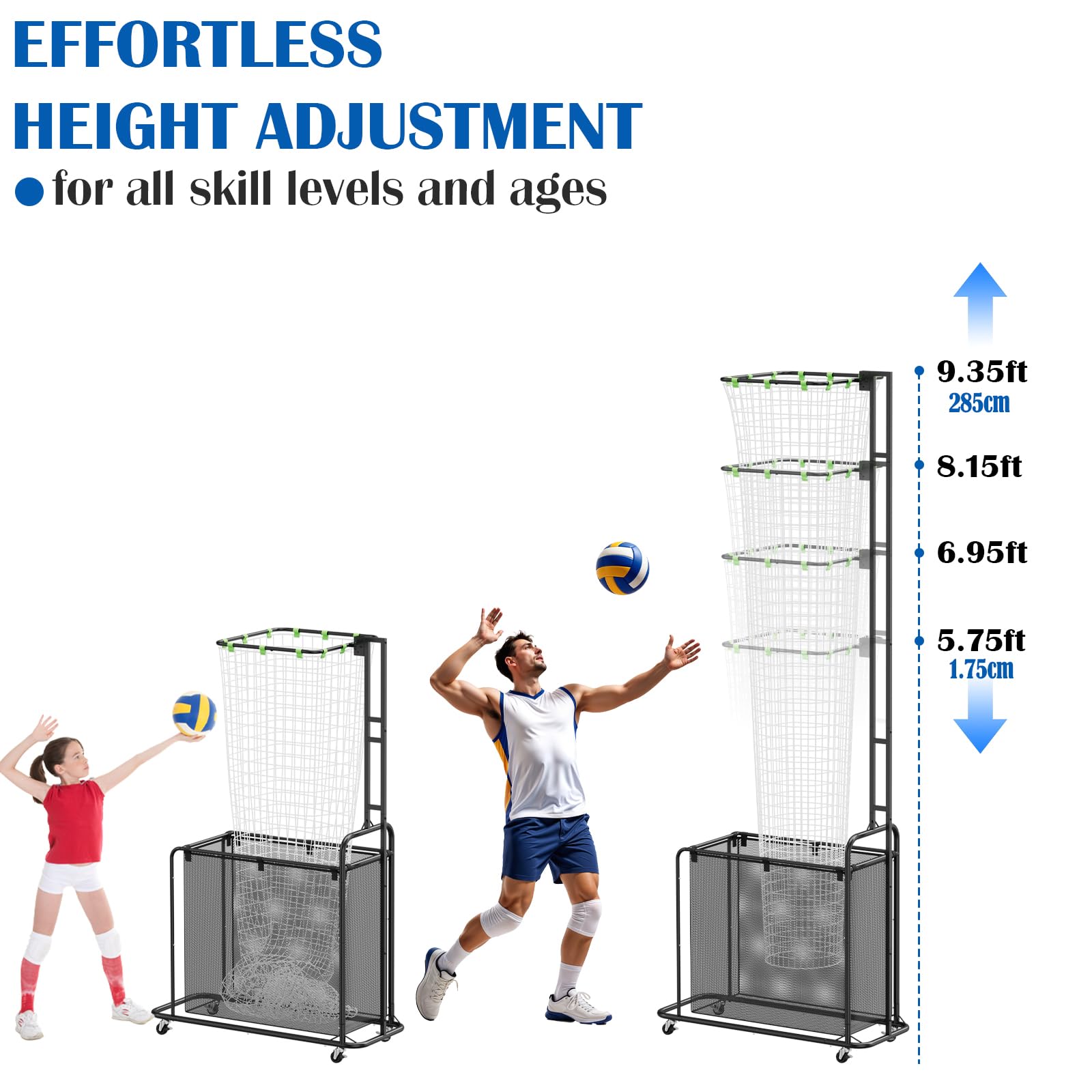 Filet d'Entraînement de Passeur Volley-Ball avec Roues – Système Réglable en Hauteur (1,75m-2,85m) et Angle