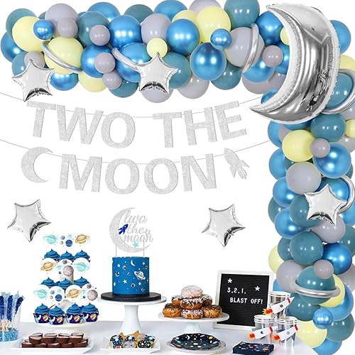 94 decoraciones de fiesta de segundo cumpleaños con temática espacial con dos carteles de la luna, globos de aluminio de luna plateada y estrellas,