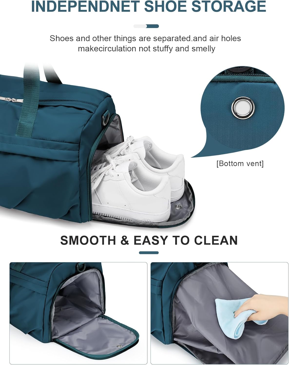 Gym Bag for Women Men with Shoe Compartment, Sport Duffel Bag, Waterproof Travel Weekender Overnight Carry on Bag for Yoga with Trolley Sleeve, Peacock Blue - Image 5