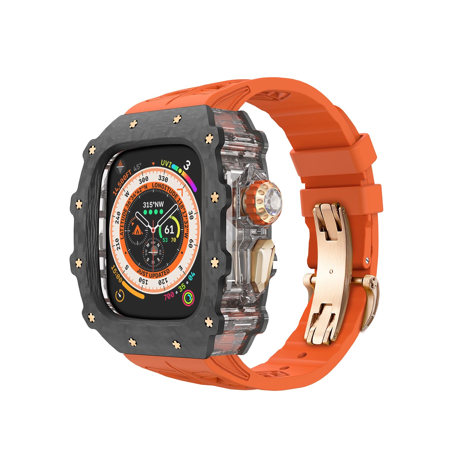 Photo 1 of Luxury Apple Watch Ultra 3/2/1 Case Carbon Fiber with Fluorine Rubber Band, Men's Protective iWatch 49mm Cover, Lightweight Carbon Fiber Case 49mm for Apple Watch Ultra Series (49MM, Rose gold)