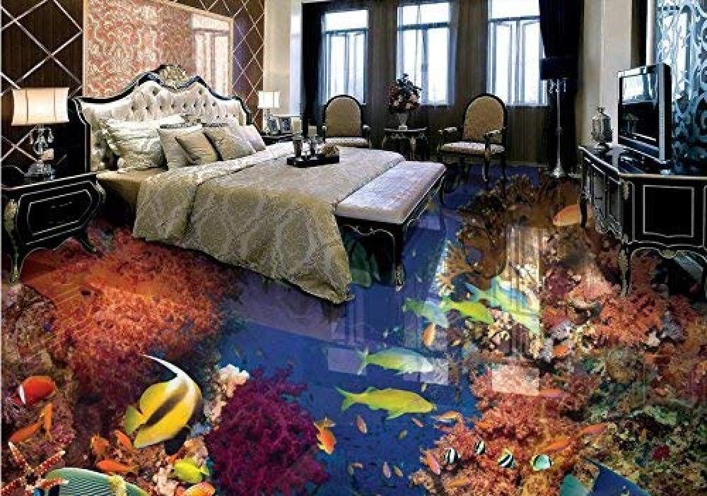 RZDYCustom 3D Floor Murals Tropical Fish Underwater Wallpaper 3D PVC Vinyl Flooring Water Proof Wallpaper for Bathroom Living Room -280 * 200cm