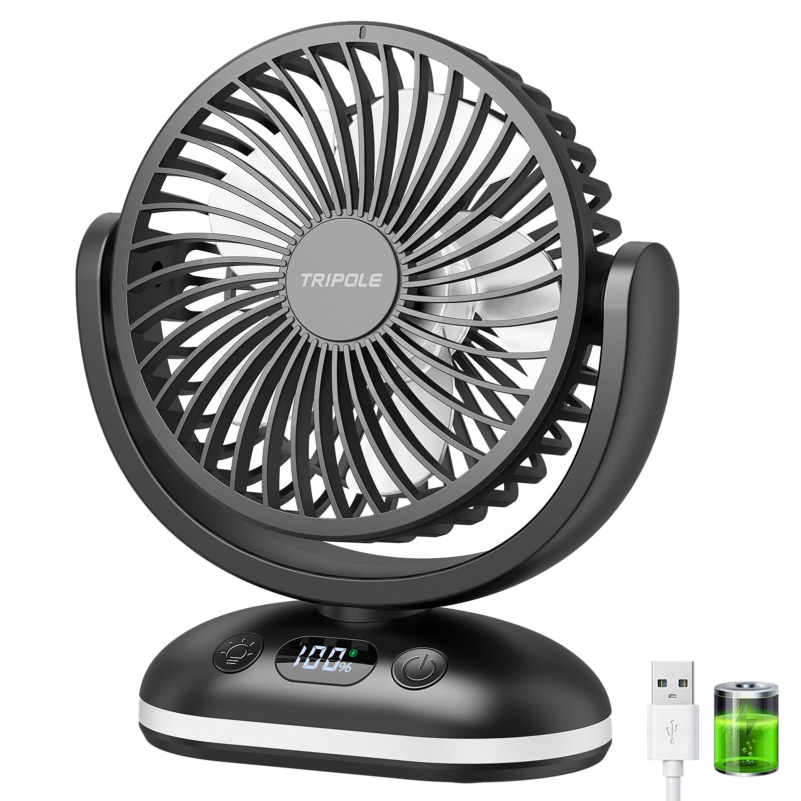 TriPole 4000mAh Tischventilator Akku, 31H Laufzeit, Mini Ventilator mit LED Display, 4 Stufen USB Lüfter Leise, Ventilator Klein Tragbar, Verstellbar für Büro, Schlafzimmer, Camping