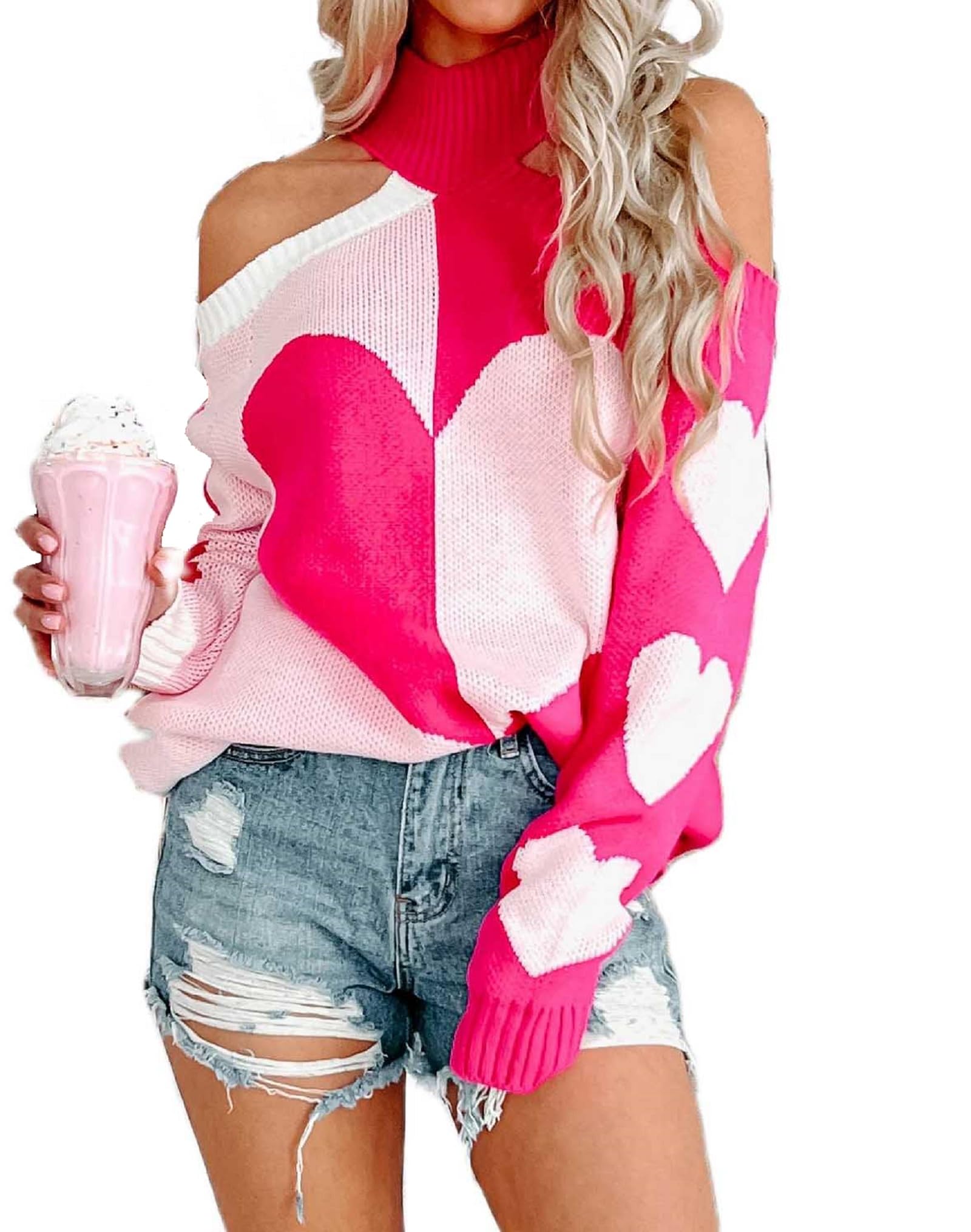 Aonoapll Women Oversized Valentine Sweater Halter Neck Cold Shoulder Tops Romantic Heart Print Off Shoulder Sweaters