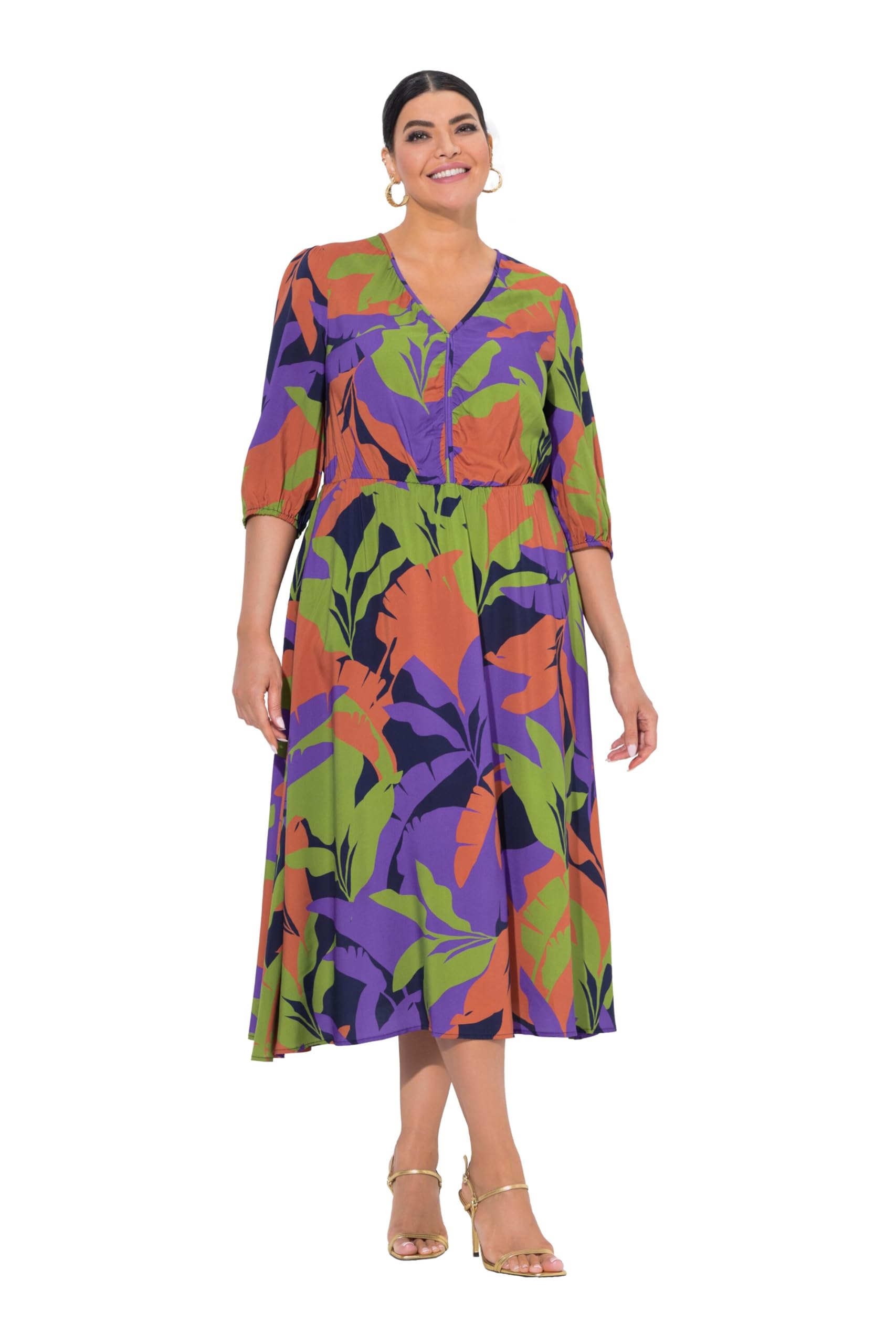 Ulla Popken Damen große Größen Übergrößen Plus Size Midikleid, Blätter, A-Linie, V-Ausschnitt, 3/4-Arm 841034