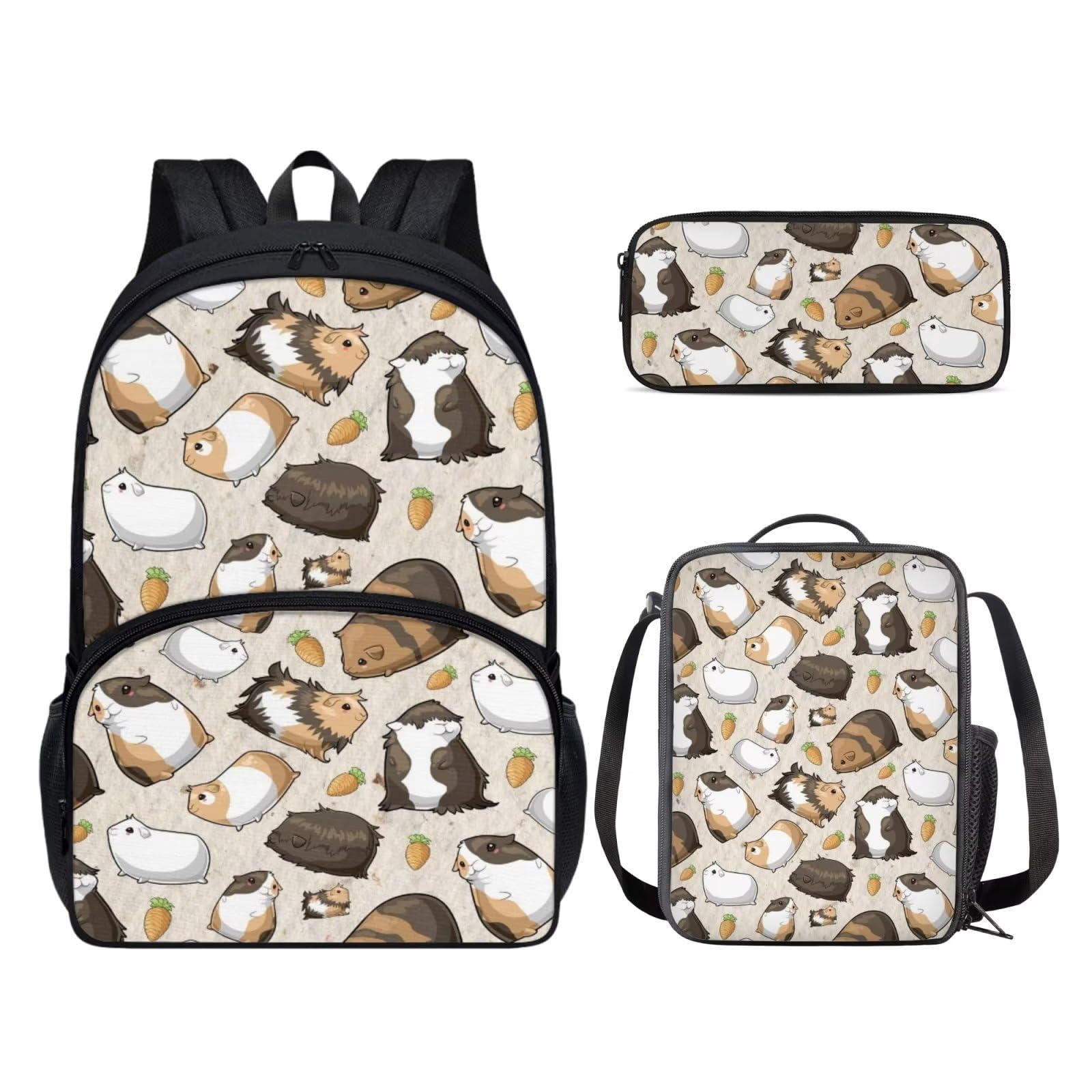 POLERO Juego de 3 bolsas escolares con impresión 3D para el almuerzo, estuche para lápices, Cobayas, Talla única, Mochila infantil