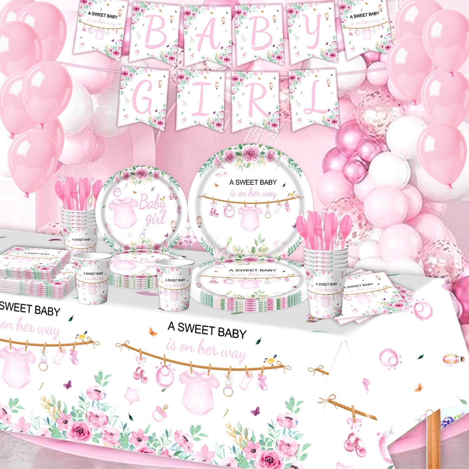 Pink Baby Girl Shower Party Supplies Tableware Sets,Includes Disposable Plates, Napkins, Cups,Straws,Cutlery, Balloons, Banner, and Tablecloth for Party Baby Shower Birthday Decorations,Serves 20
