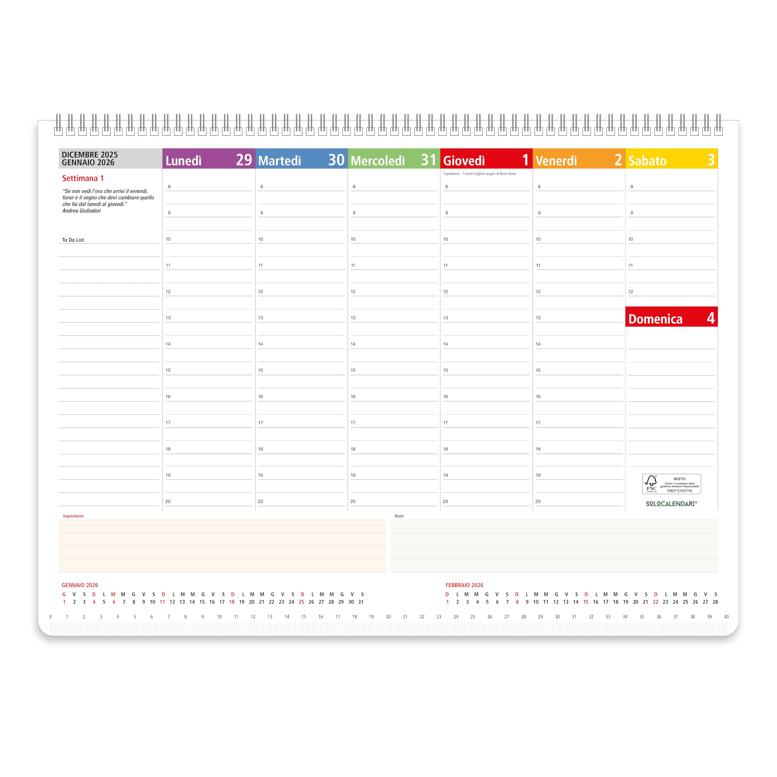 Planner 2026 Settimanale da Tavolo SPIRALATO con tutte le DATE 2026 STAMPATE in Carta ECOLOGICA Certificata FSC® Mix Credit - Planning 2026 perfetto per casa e ufficio con ANGOLI ANTIORECCHIE (30x42)