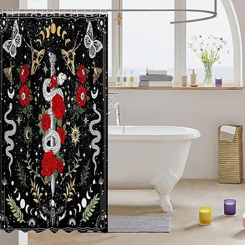 Miniatura 3 de Castle Fairy Cortinas de ducha exóticas de serpiente salvaje, cortina de baño bohemia con sol y luna, juego de decoración de baño romántica rosa con