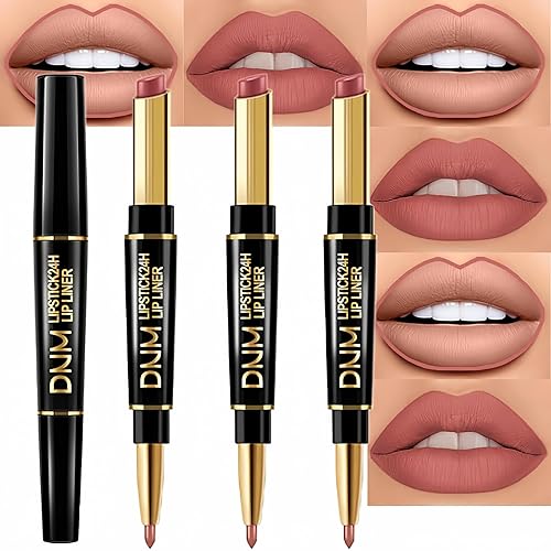 evpct Juego de 3 delineadores de labios castaños y lápiz labial para mujer, DNM Nude Mauve Matte Fall Lipstick Shades Set Lip Stain Lip Stain de