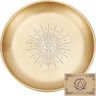 CREATCABIN Cross Offering Bowl Altar Ritual Plate Stainless Steel Golden Crystal Storage Flat Bowl Round Tray Dish Holder Jewelry Dish for Smudging Incense Burner 5.5Inch