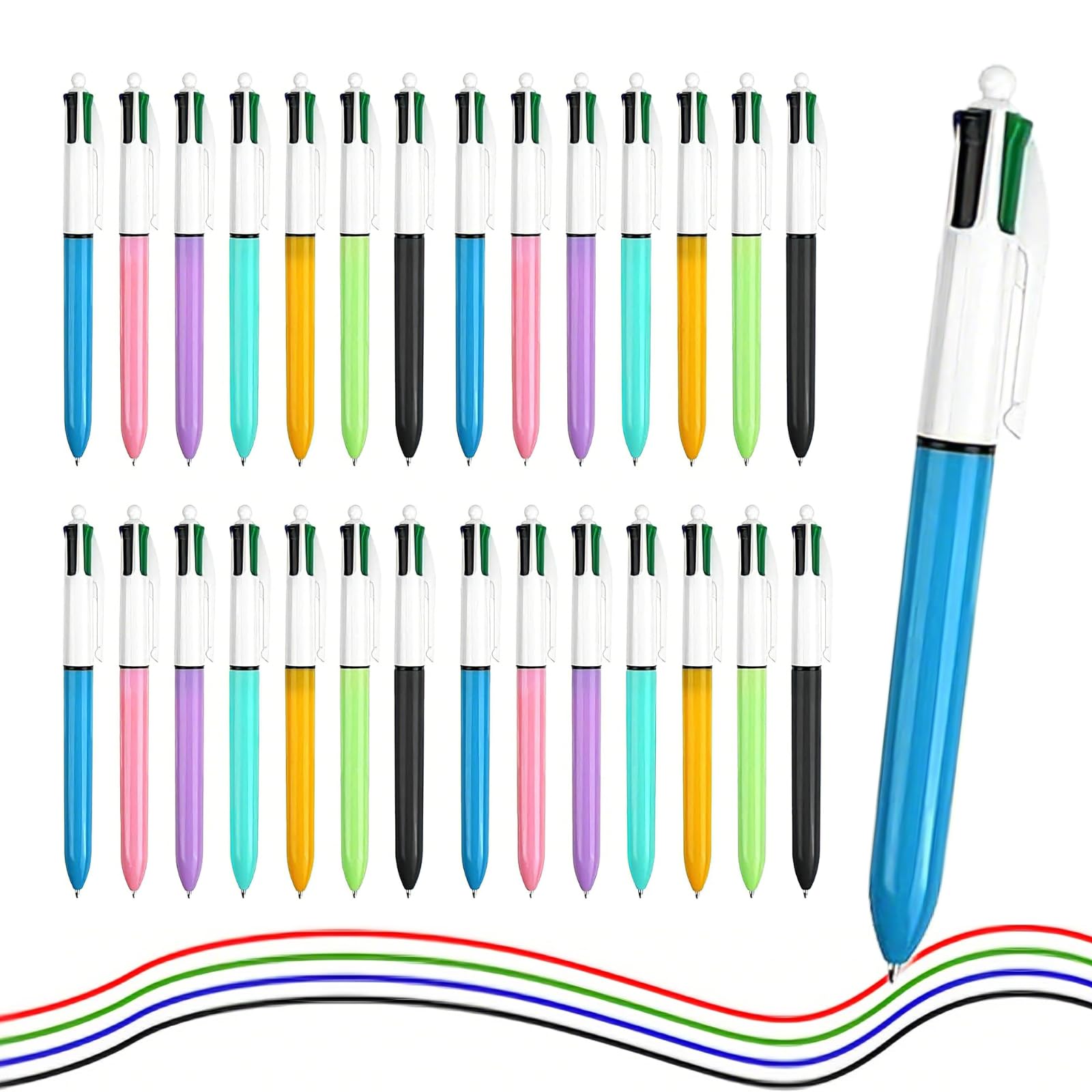 COZERI 28PCS 4 in 1 Multicoloured Pen - Retractable Ballpoint Multi Colour Bic Pen All 4 in One, Office School Stationery for Students Teachers (Black, Purple, Green, Orange, Teal, Blue, Pink)