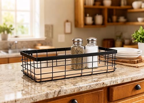 Vista 48 de Cesta de alambre de metal desmontable con base de madera, organizador de almacenamiento, cubos pequeños para armarios de cocina, baño, despensa