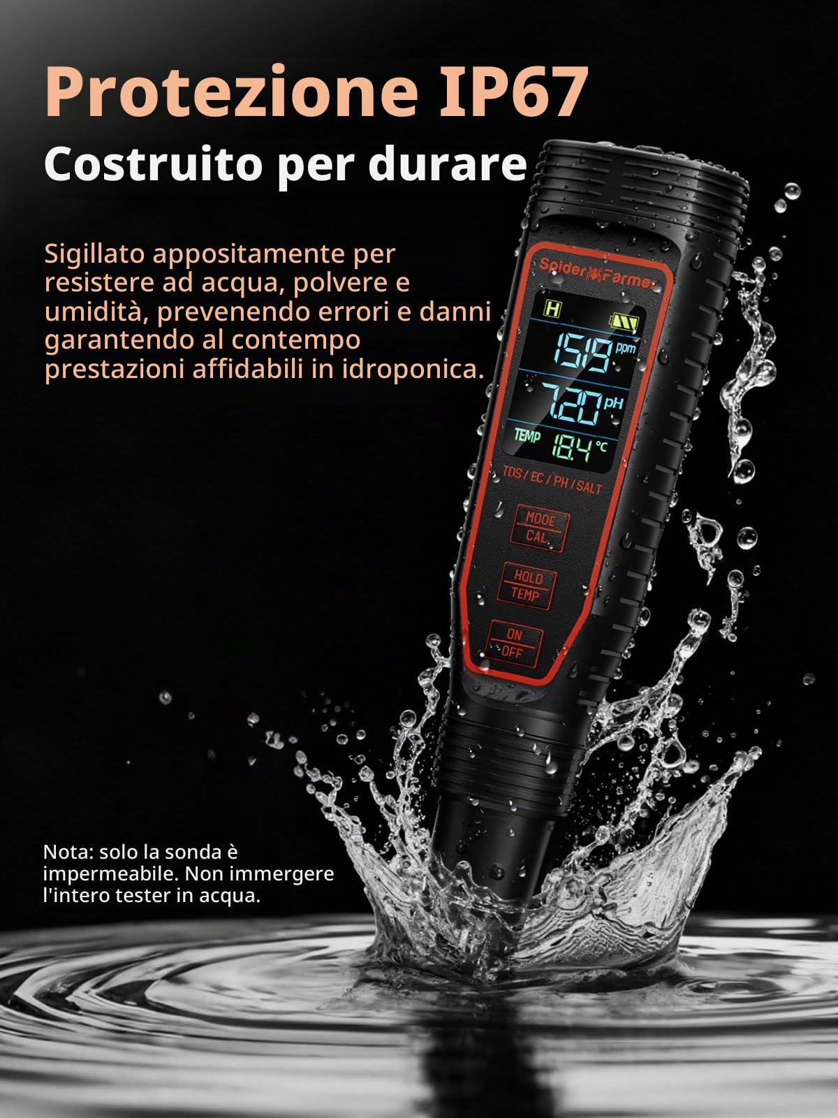 Spider Farmer Set di misuratori di pH 5 in 1 per acqua, tester di temperatura TDS-EC, con ATC, ricaricabile, per piante idroponiche, crescite, piscine, piscine e acquari (impermeabilità IP67)