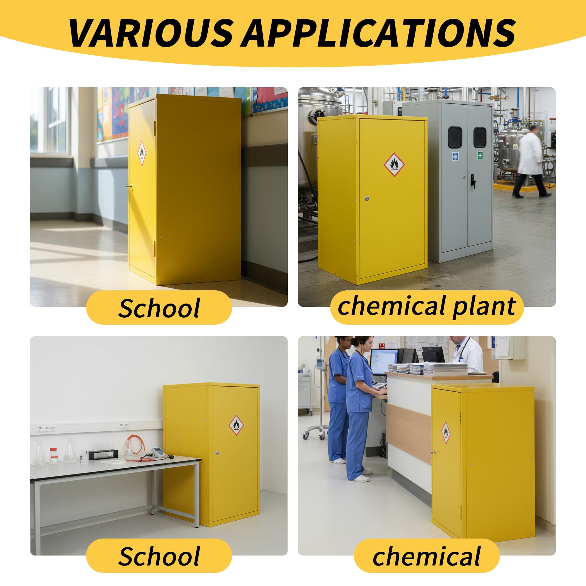 Metel COSHH Schrank für Gefahrstoffe, feuerfest, brennbar, gelb, kleine Schränke, HSE-Sicherheitsschrank für den Arbeitsplatz, 910 (H) x 460 (B) x 460 (T) mm