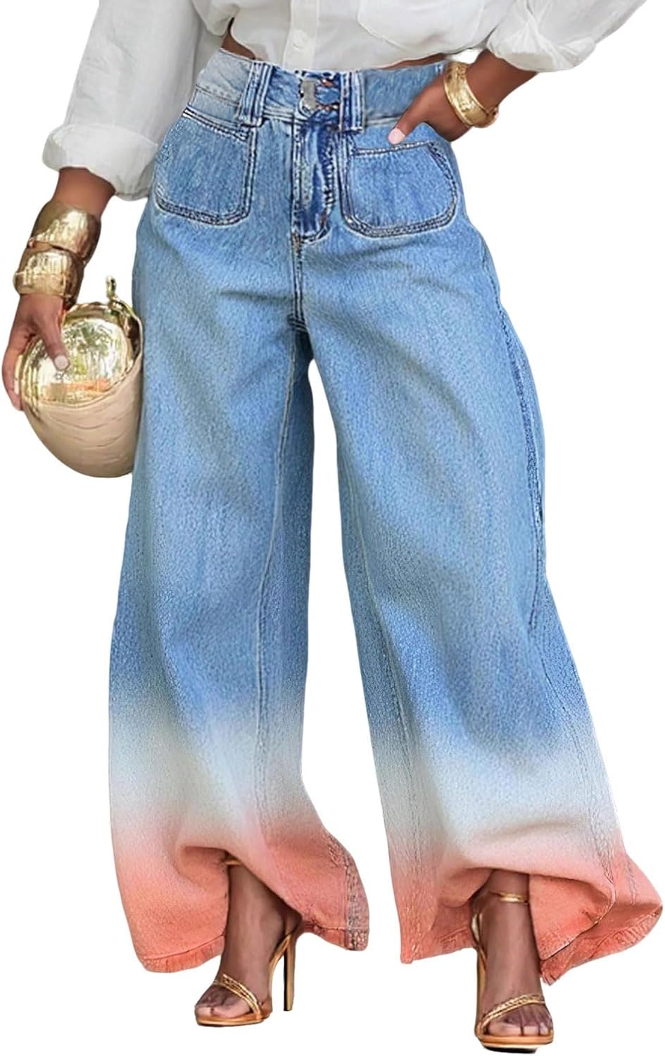 CHARTOU Women High Waisted Patchwork Jeans Baggy Wide Leg Pants Contrast Flowy Culotte Trousers with Pockets