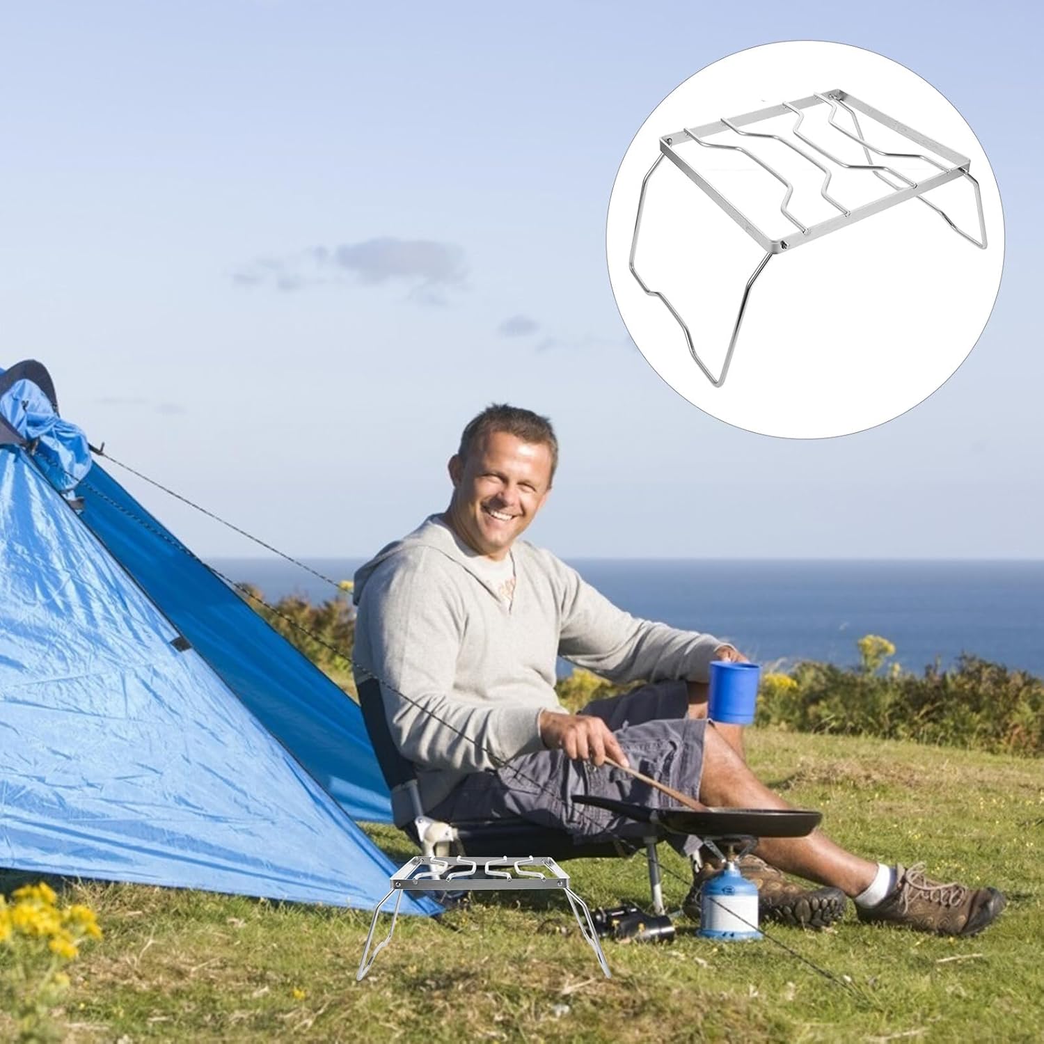 Portable Foldable Stainless Steel Stove Stand and Camping Grill Rack, Multi-functional Camp Kitchen Equipment for Outdoor Bbq and Campfire Cooking