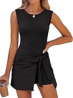 Women Summer Sleeveless Bodycon Tie Cinched Waist Romper Skort Mini Dress Built in Shorts Night Out Vacation Dress - Buy now
