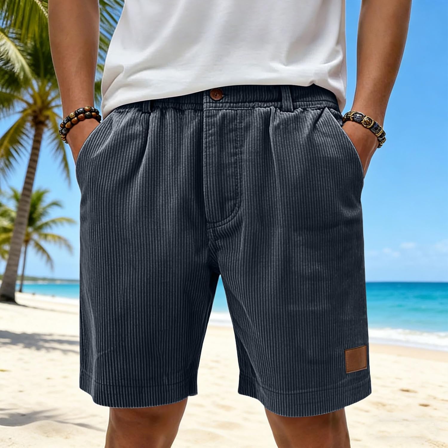 Ymosrh Men's Causal Shorts Lightweight Corduroy Elastic Waist Beach Vacation Shorts S-3XL