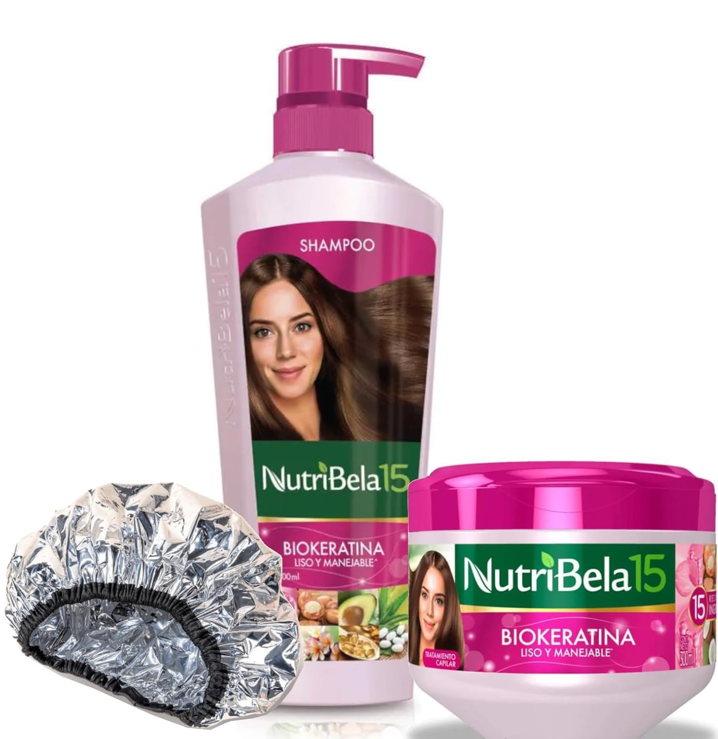 Kit (Shampoo + Treatment + Aluminum Cap) Biokeratin | Set Biokeratina Liso y Manejable Nutribela15 Colombia (Champu + Tratamiento + Gorro de Aluminio) (13.5oz + 10.1oz)