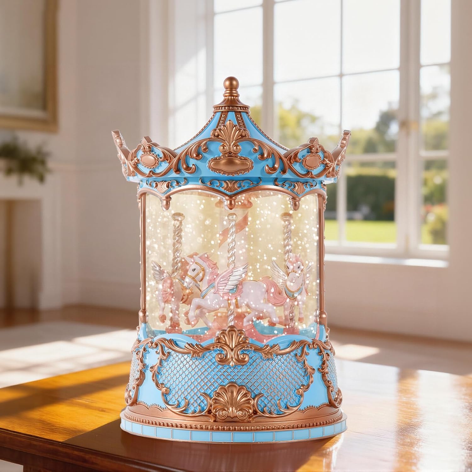 Valentine's Day Gift Blue Carousel Horse Snow Globe Music Box with Rotating Horses Musical Unicorn Snow Globe with Glitter for Girls, Women, Mom, Valentine's Day Birthday Gifts (Blue Gold Carousel) - Image 2