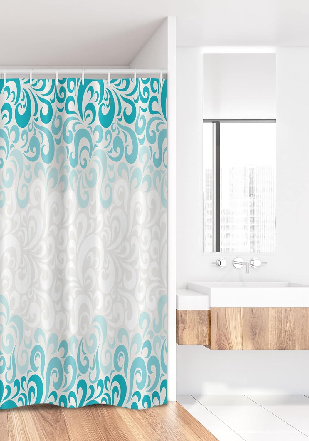 Ambesonne Turquoise Stall Shower Curtain, Abstract Floral Flowers Pattern Classic Design Illustration, Fabric Bathroom Decor Set with Hooks, 36" W x 72" L, Teal Turquoise White