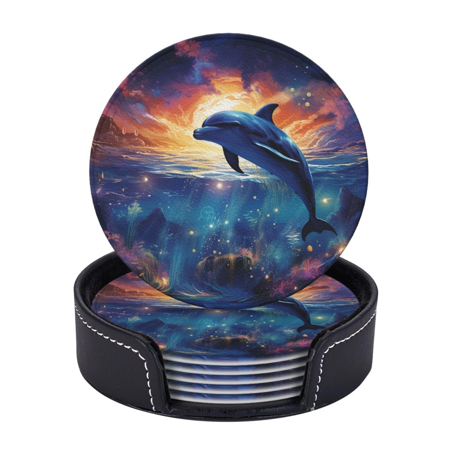 6PCS Drink Coasters with Holder, 4" Leather Coasters for Drinks, Colorful Starry Sky Ocean Dolphin Cup Coasters for Coffee Table Decor, Non-Slip Drinking Cup Mat for Hot or Cold Drink