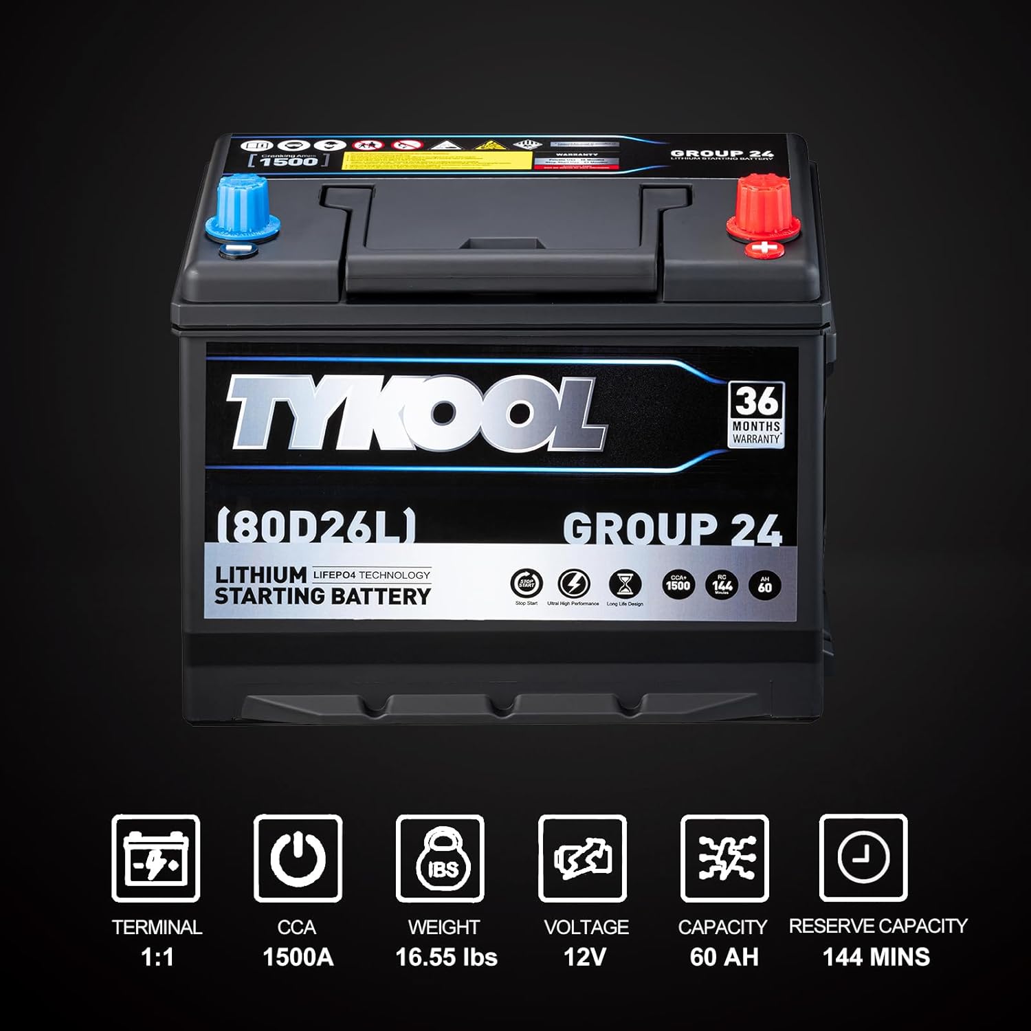 TYKOOL LiFePO4 Lithium Car Battery,BCI GROUP 24,1500CCA,144RC,12V 60AH Automotive Battery,High-Performance Car Battery,Size 80D26, AGM battery replacement, 36 Months Warranty