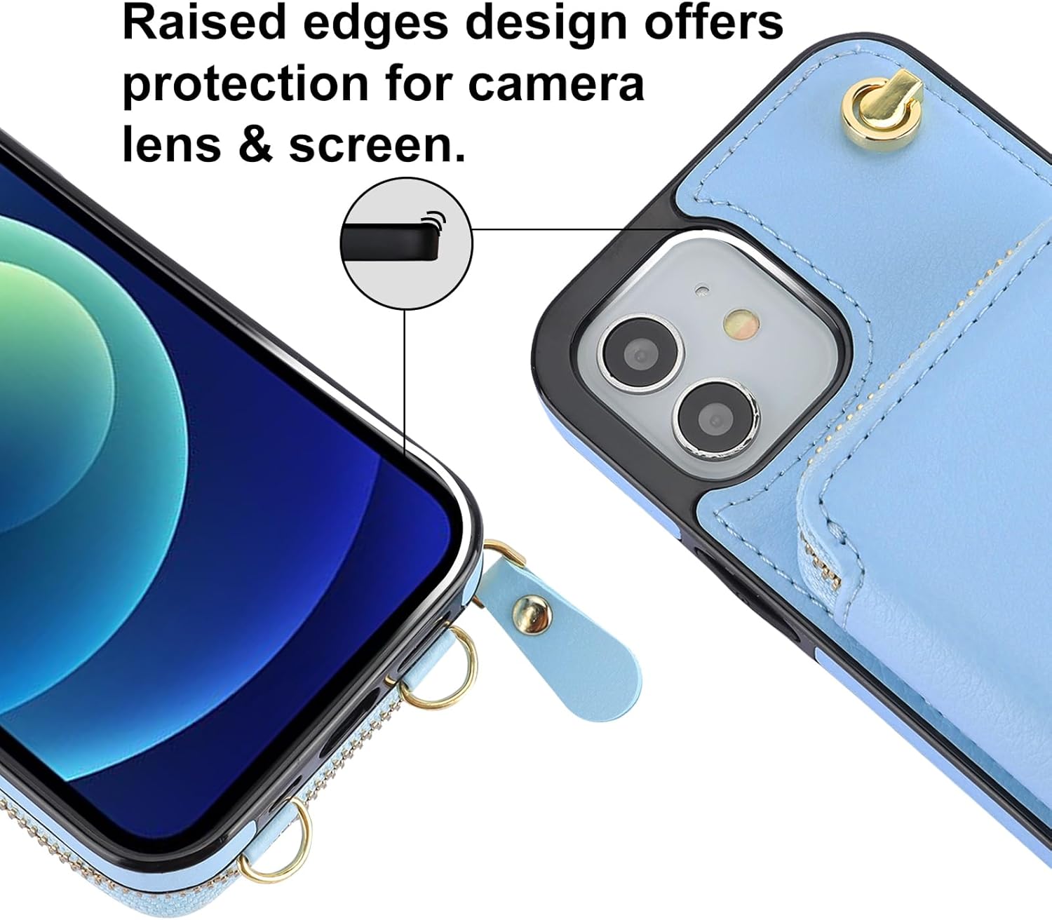 Bocasal Crossbody Wallet Case for iPhone 12/12 Pro, RFID Blocking Leather Purse Case with Card Holder, Protective Handbag Flip Cover with Zipper Wrist Strap Lanyard for Women 5G 6.1 Inch (Blue)