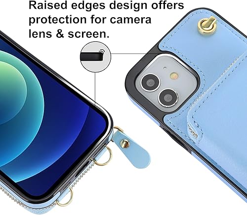 Miniatura 7 de Bocasal Funda tipo cartera cruzada para iPhone 1212 Pro, funda de piel con bloqueo RFID y soporte para tarjetas, funda protectora con cremallera y