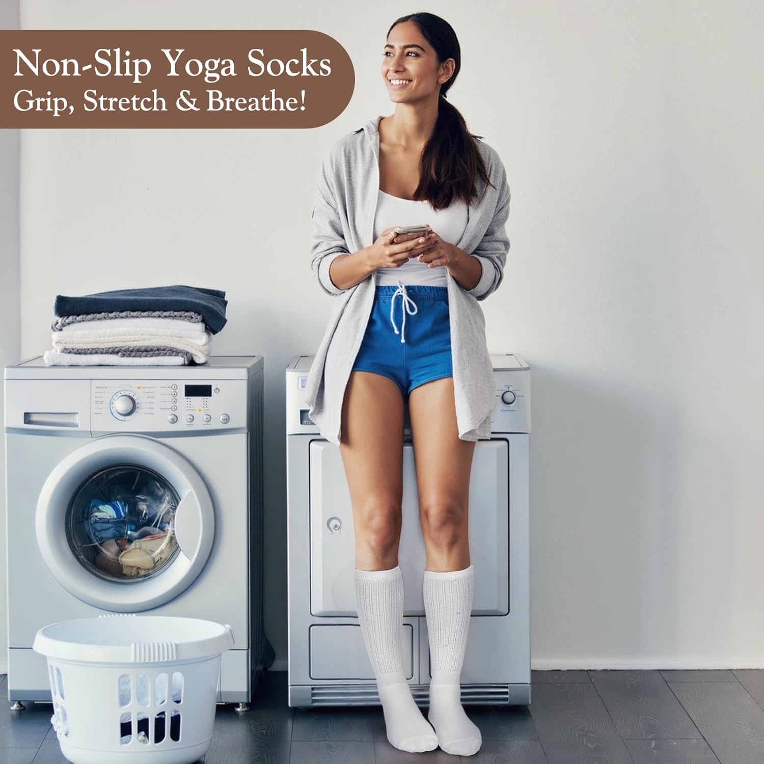 4 Pairs Grip Pilates Socks for Women Yoga Scrunch Slouch Non Slip Long Socks with Grippy Pilates Barre Workout Slipper 5-9 - Image 3