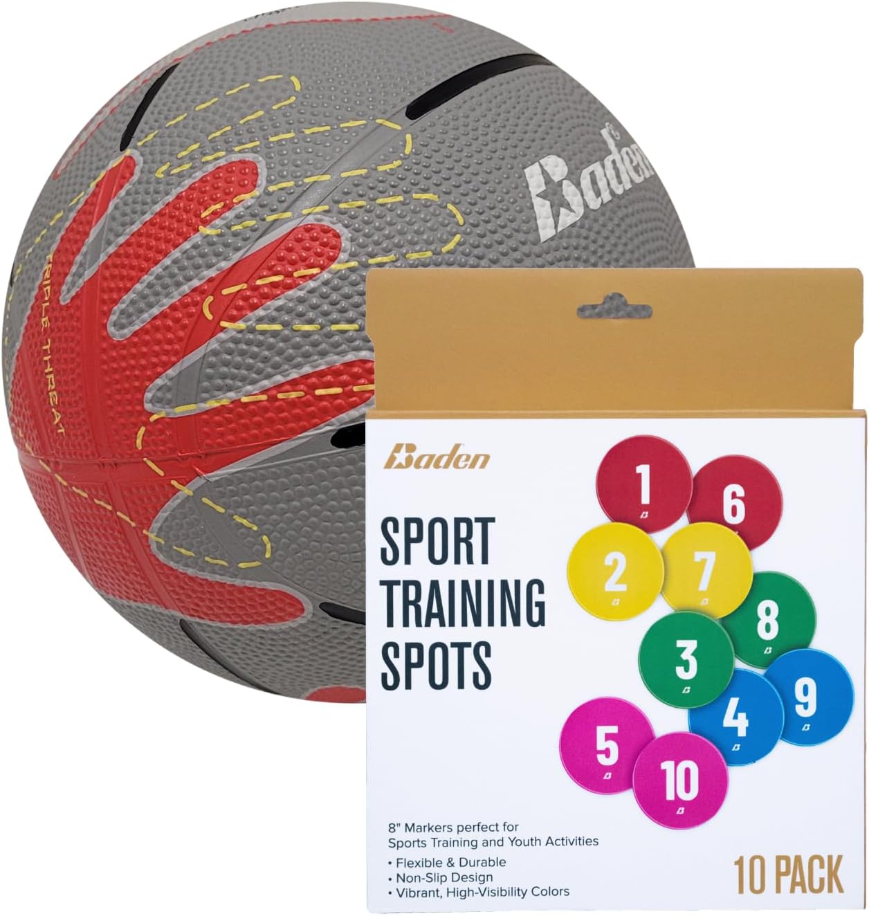 Baden | Skilcoach Rubber Shooter's Hand Basketball + 10 Count Sport Trainer Spot Markers + Pump