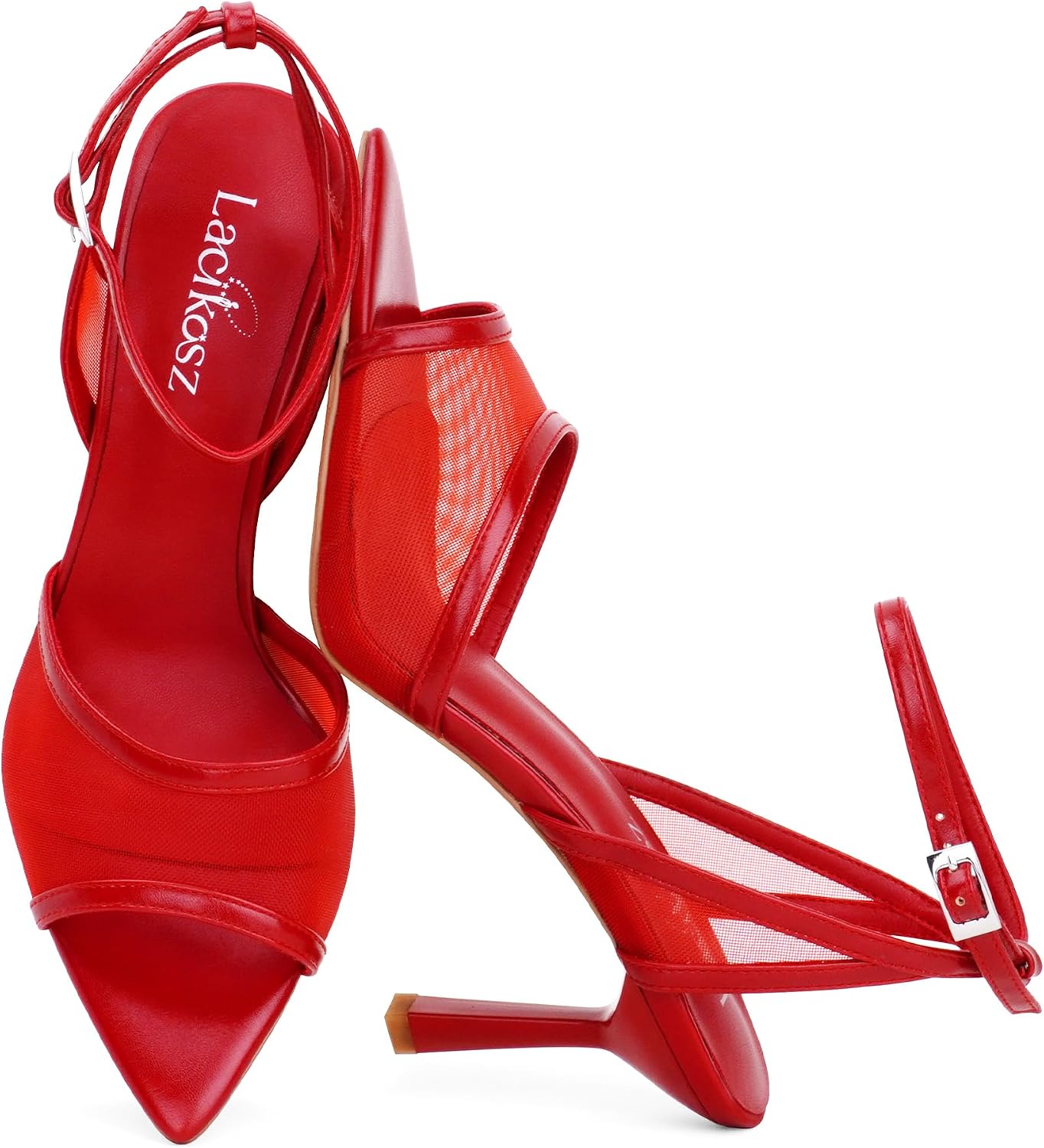LACIKOSZ Mesh High Heels Womens Strappy Sandals Wedding Bride Dressy Shoes Pointed Toe Ankle Strap Sandals