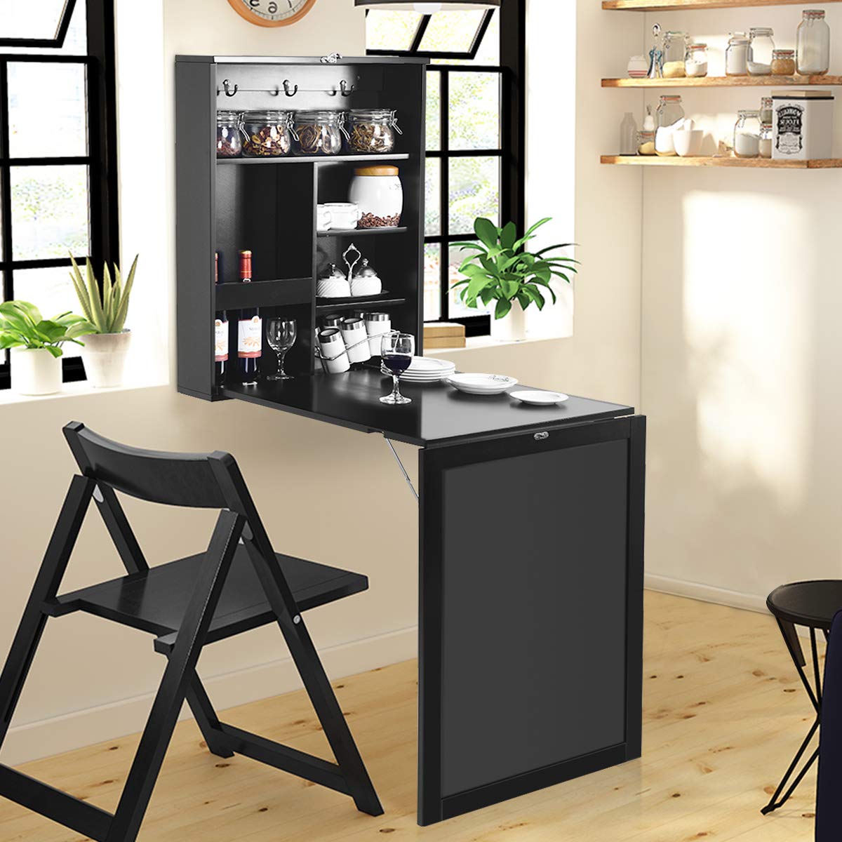 COSTWAY Wandtafel inklapbaar, wandklaptafel met bord, multifunctionele bartafel, eettafel, wandmontage, klapbureau, keukentafel, laptoptafel voor thuis en op kantoor, zwart