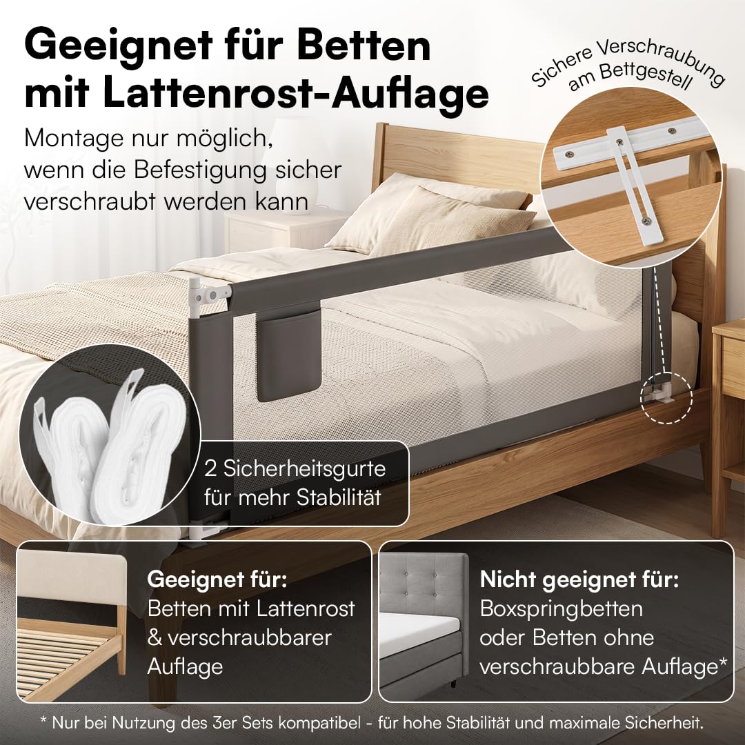 Bellabino Drina Rausfallschutz – Bettschutzgitter 180 cm Dunkelgrau – Bettgitter höhenverstellbar 69-99 cm – Baby Bettumrandung inkl. Seitentasche Schutzgitter mit Sicherheitsgurt Bett/Kinderbett