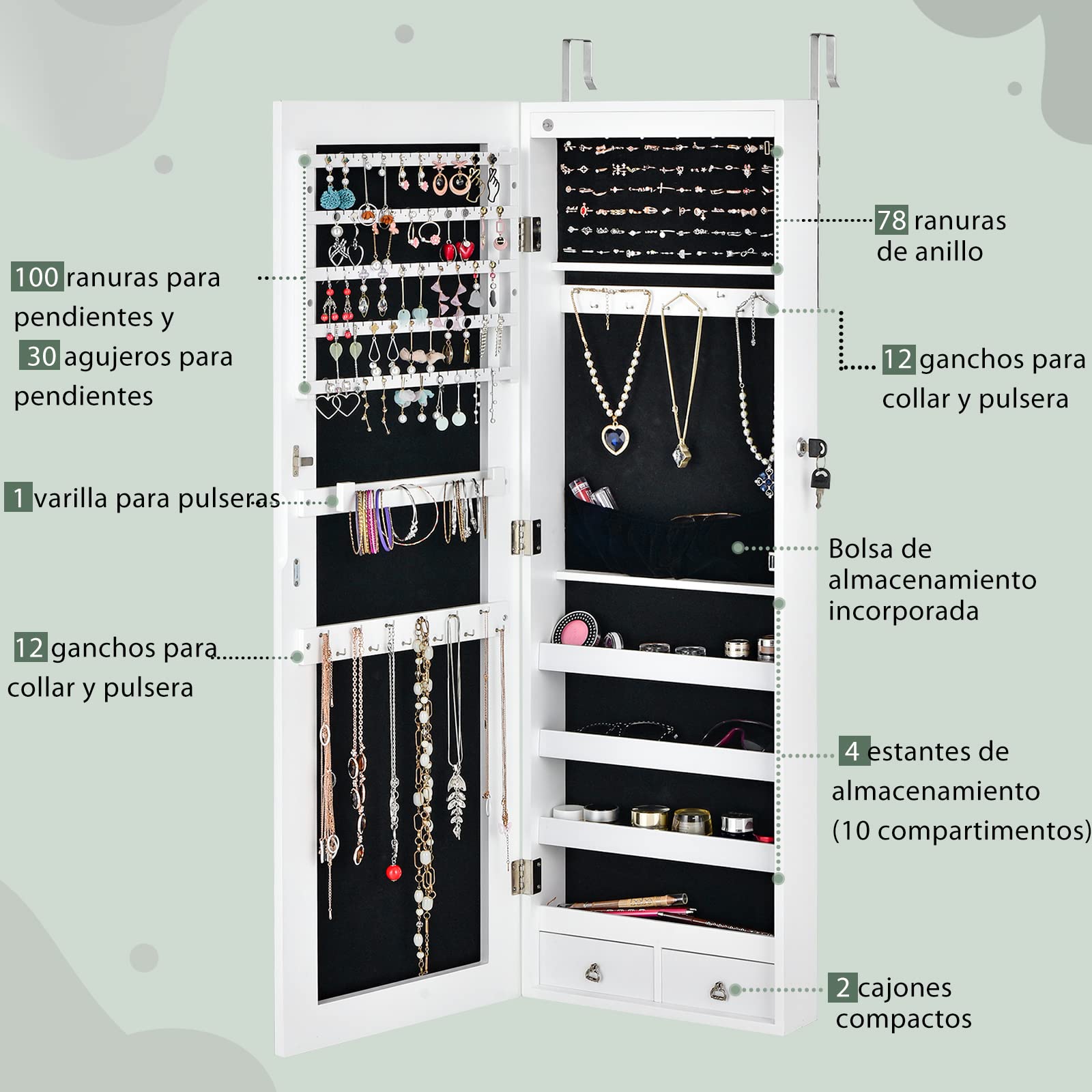 COSTWAY Armario con Espejo Joyero, Puerta LED y 2 Cajones, Cuerpo Entero para Dormitorio (Blanco)