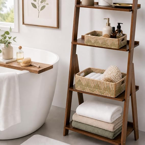Seagrass Laundry Hamper Set with Lids, 4-Piece Handwoven Wicker Storage Baskets with Washable Liners, Includes 2 Large Hampers and 2 Shelf Bins for Bedroom Bathroom Laundry Room
