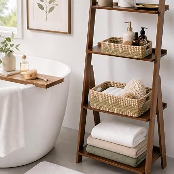 Seagrass Laundry Hamper Set with Lids, 4-Piece Handwoven Wicker Storage Baskets with Washable Liners, Includes 2 Large Hampers and 2 Shelf Bins for Bedroom Bathroom Laundry Room