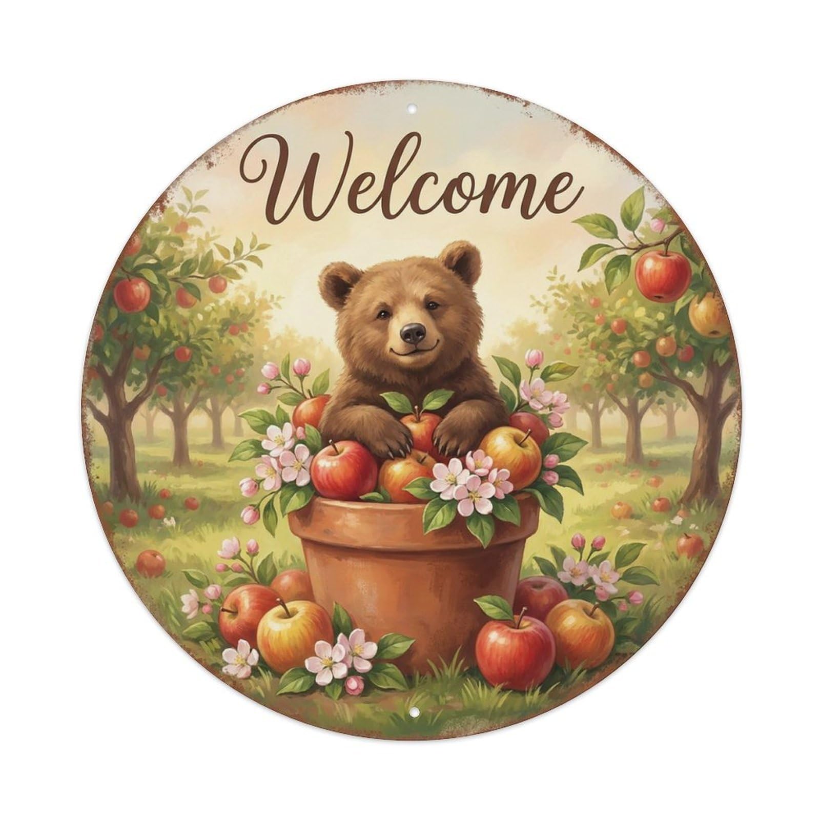 Welcome Bear Apple Orchard Vintage Metal Tin Sign Plaque Wall Decor for Cafe, Club Bar, Office, Garden Metal Poster 8x8Inch